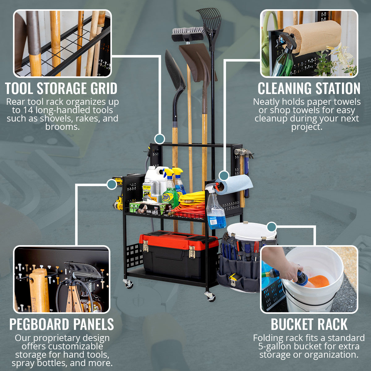 floor standing tool organizer on wheels