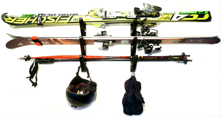family ski rack holds three pairs of skis