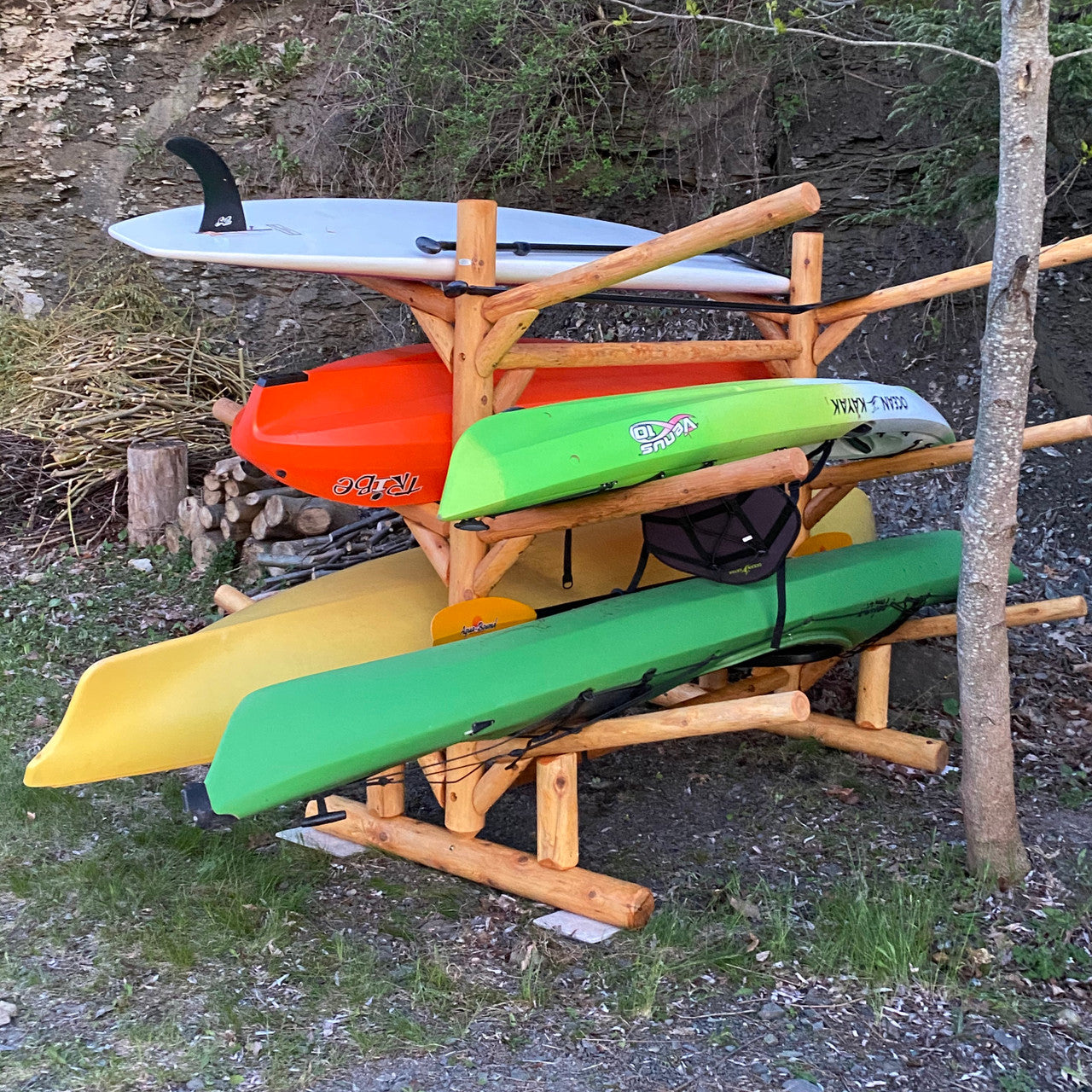 American Cedar Wood Log Kayak Rack, Rustic Kayak Storage, Outdoor ...