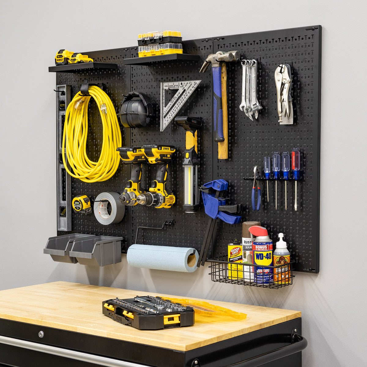 Industrial-Grade Pegboard Tool Storage System with 3 Panels and 14 Attachments, Supports 450 lbs, Easy Installation