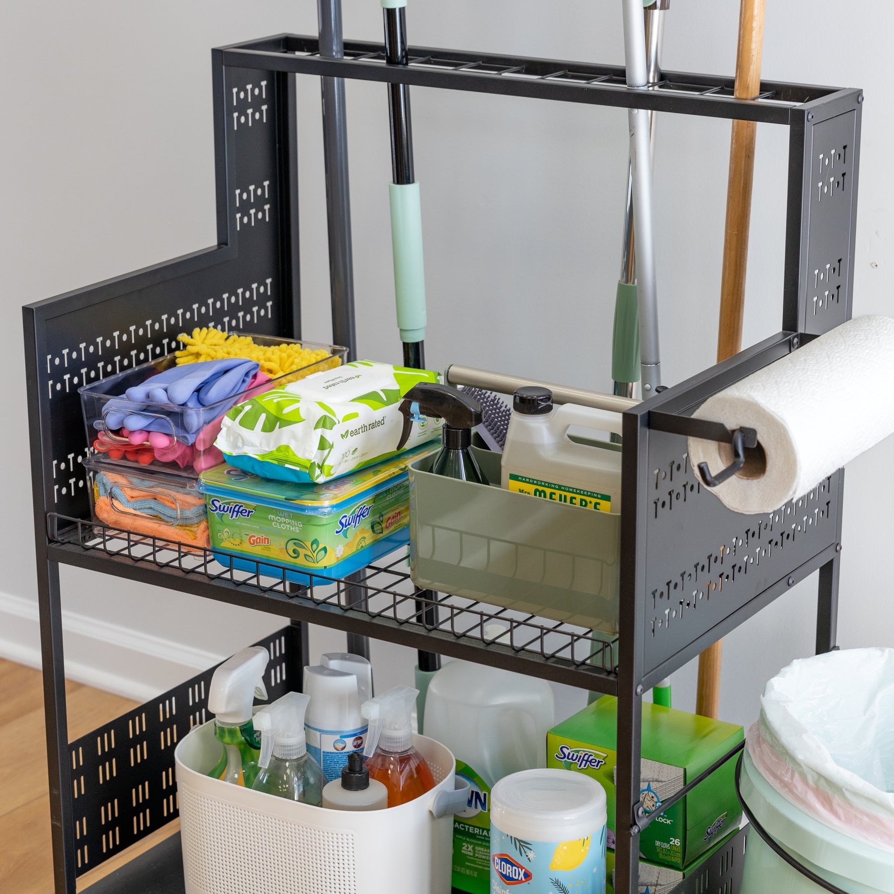 Cleaning Storage Rack Cleaning Supplies Organizer, 3-Tier Cart, Pegboard & Bucket Rack ...