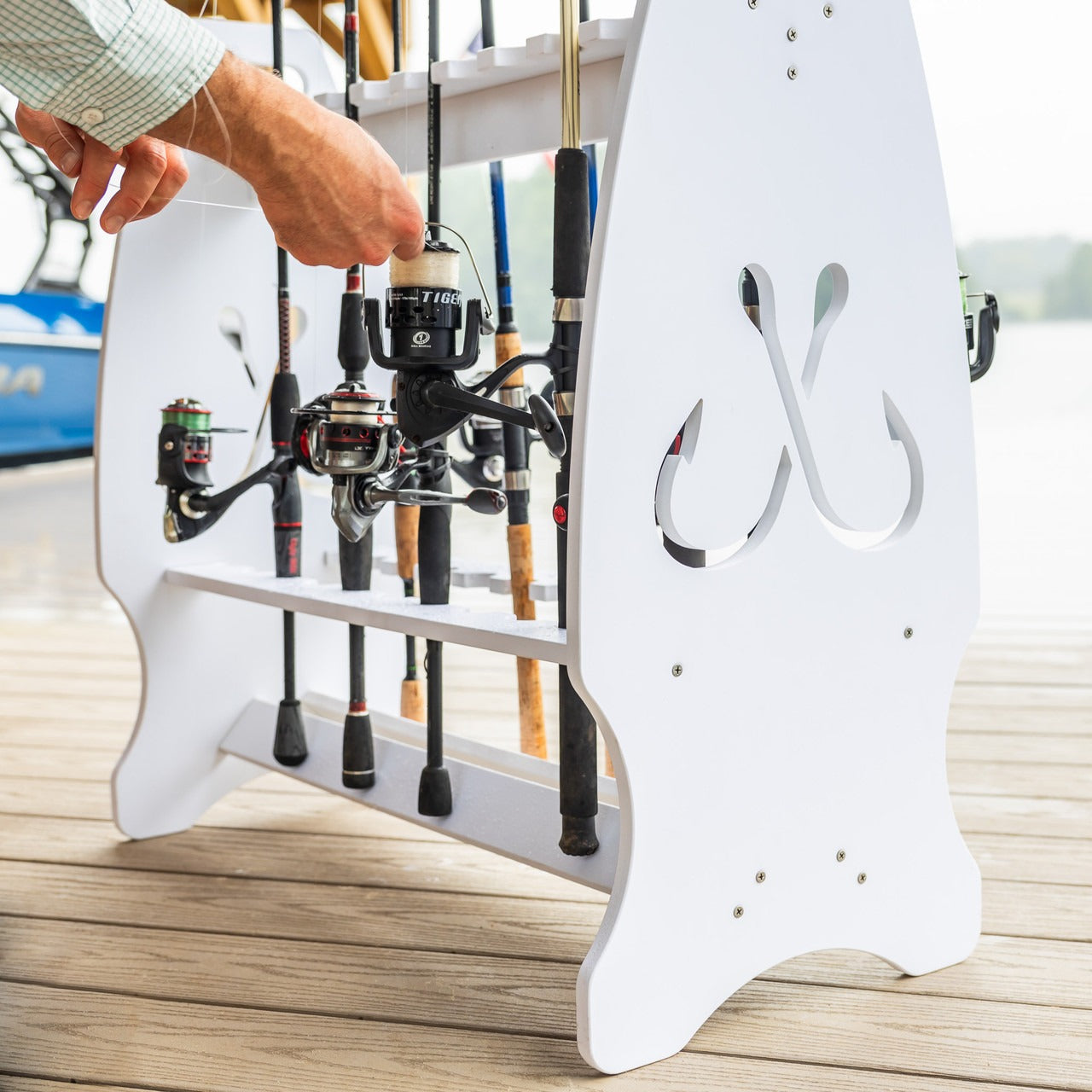 rod and reel storage rack with hook design