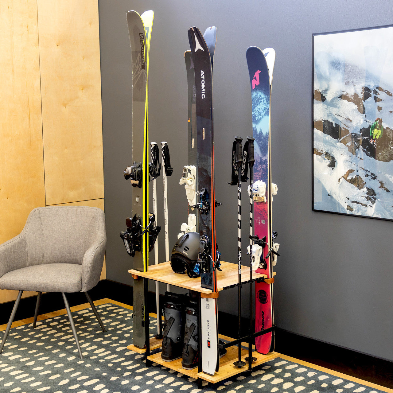 Ski Storage Organizer Shelf, Freetanding Ski Rack Hanger, Wood Shelves ...
