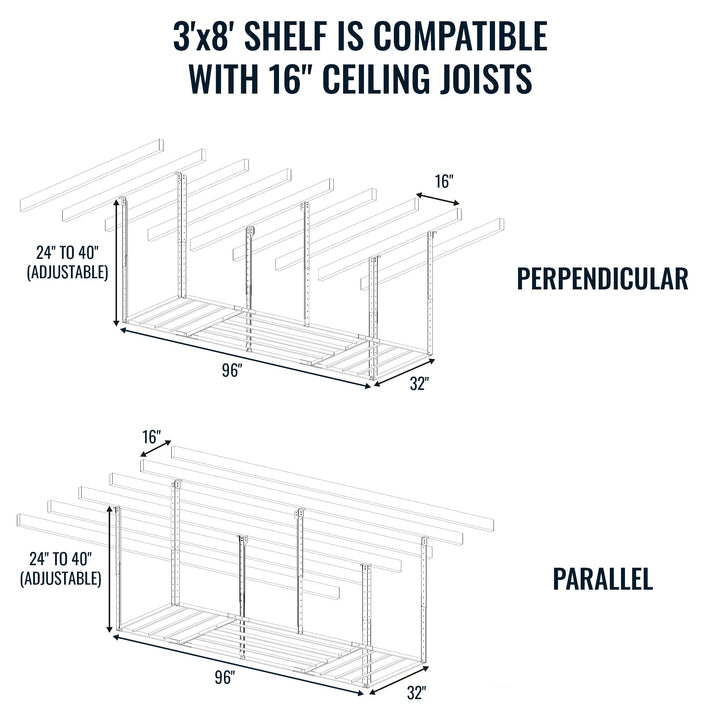 3'x8' shelf is compatible with 16" ceiling joists. Also compatible with perpendicular and parallel ceiling joist configuration for installation.
