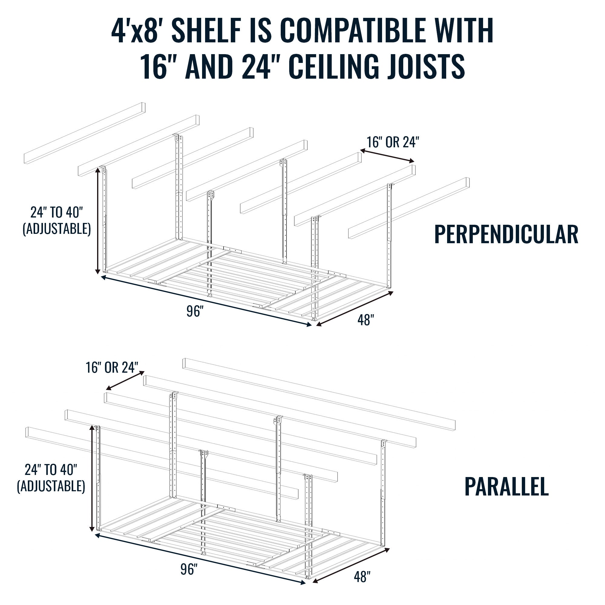 4'x8' shelf is compatible with 16" and 24" ceiling joists. Also compatible with perpendicular and parallel ceiling joist configuration for installation.