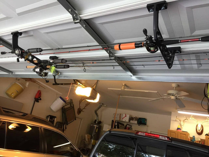 safely holds rods overhead while using garage door