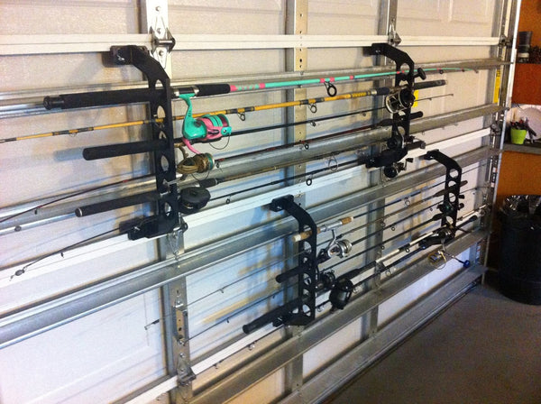 fishing rod holder for garage Deluxe Storage Rack 8 Rod / Black / White evenly spaced 4.5 apart 2-Piece Fishing Rod Holder