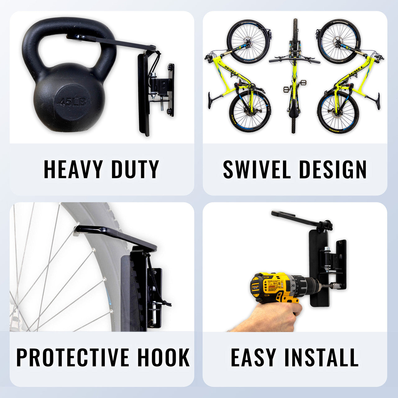 heavy duty, swivel design, protective hook, easy install bike organizer