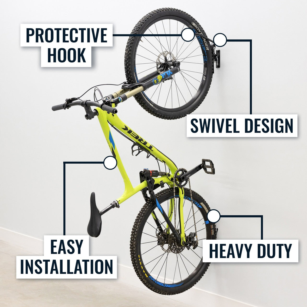 protective hook, swivel design, easy installation, heavy duty bike organizer