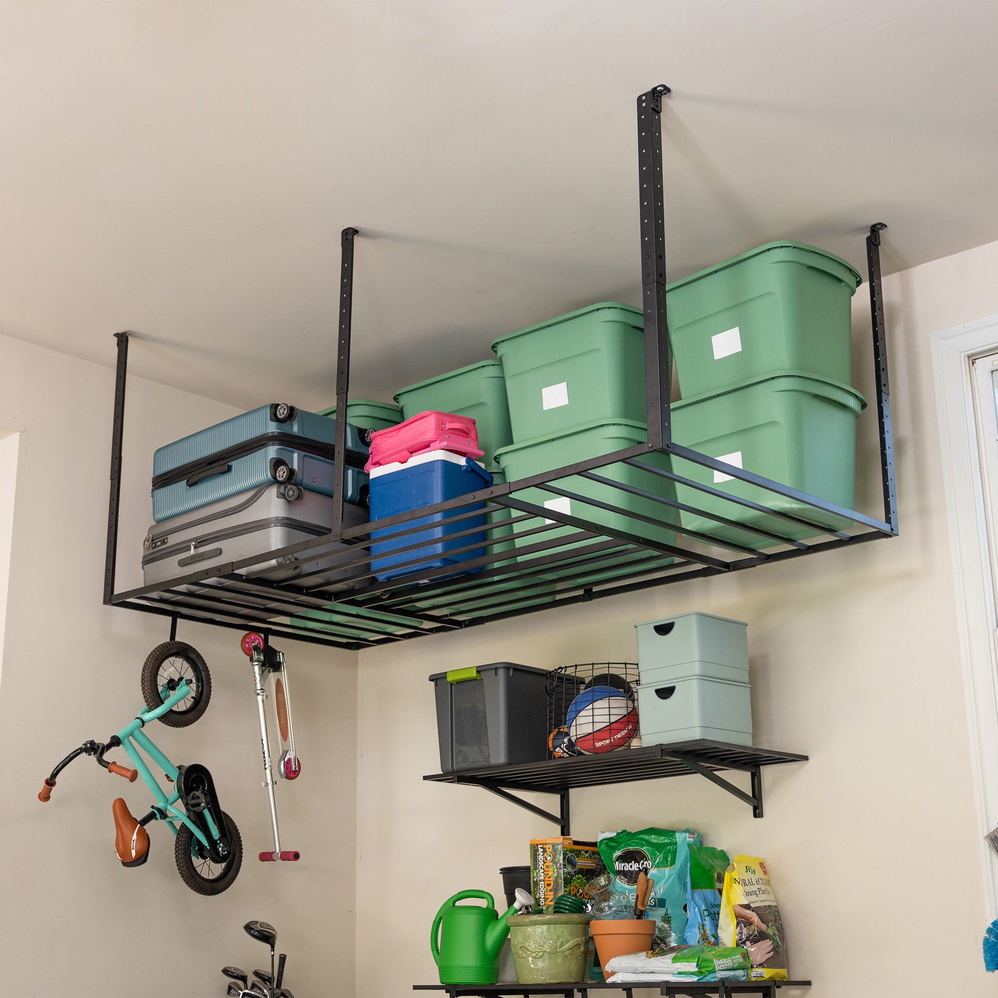 overhead garage storage platform with hooks