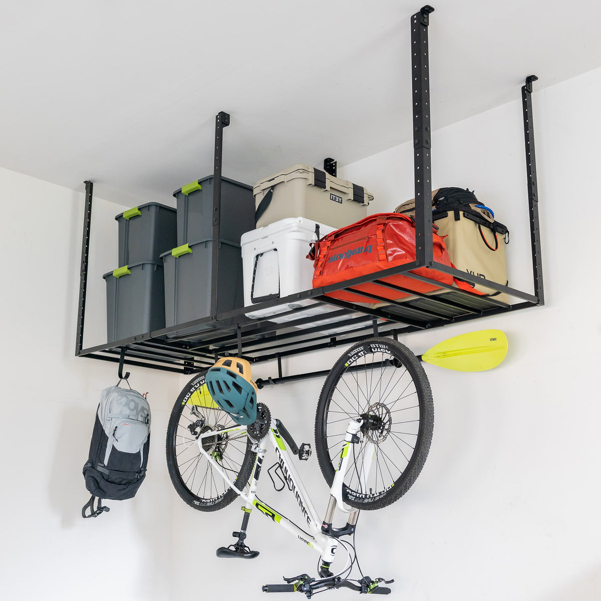 Overhead Ceiling Shelf, 6 Heavy-Duty Hooks for Bike, Garage Storage ...