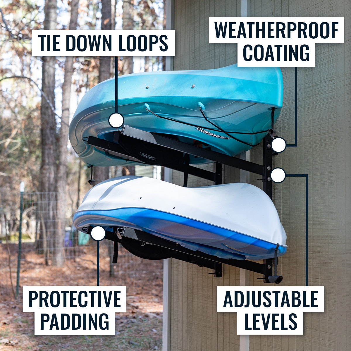 outdoor kayak rack features tie down loops, weather-resistant coating, protective padding, and adjustable levels