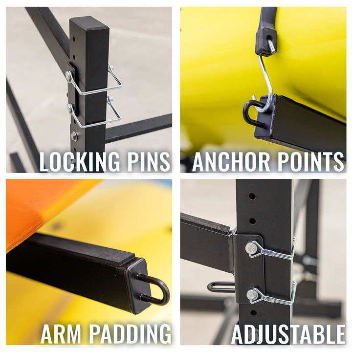 outdoor and indoor freestanding kayak storage rack with locking pins, anchor points, arm padding, and adjustable arms