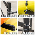 indoor kayak storage with locking pins, anchor points, arm padding, and adjustable arms
