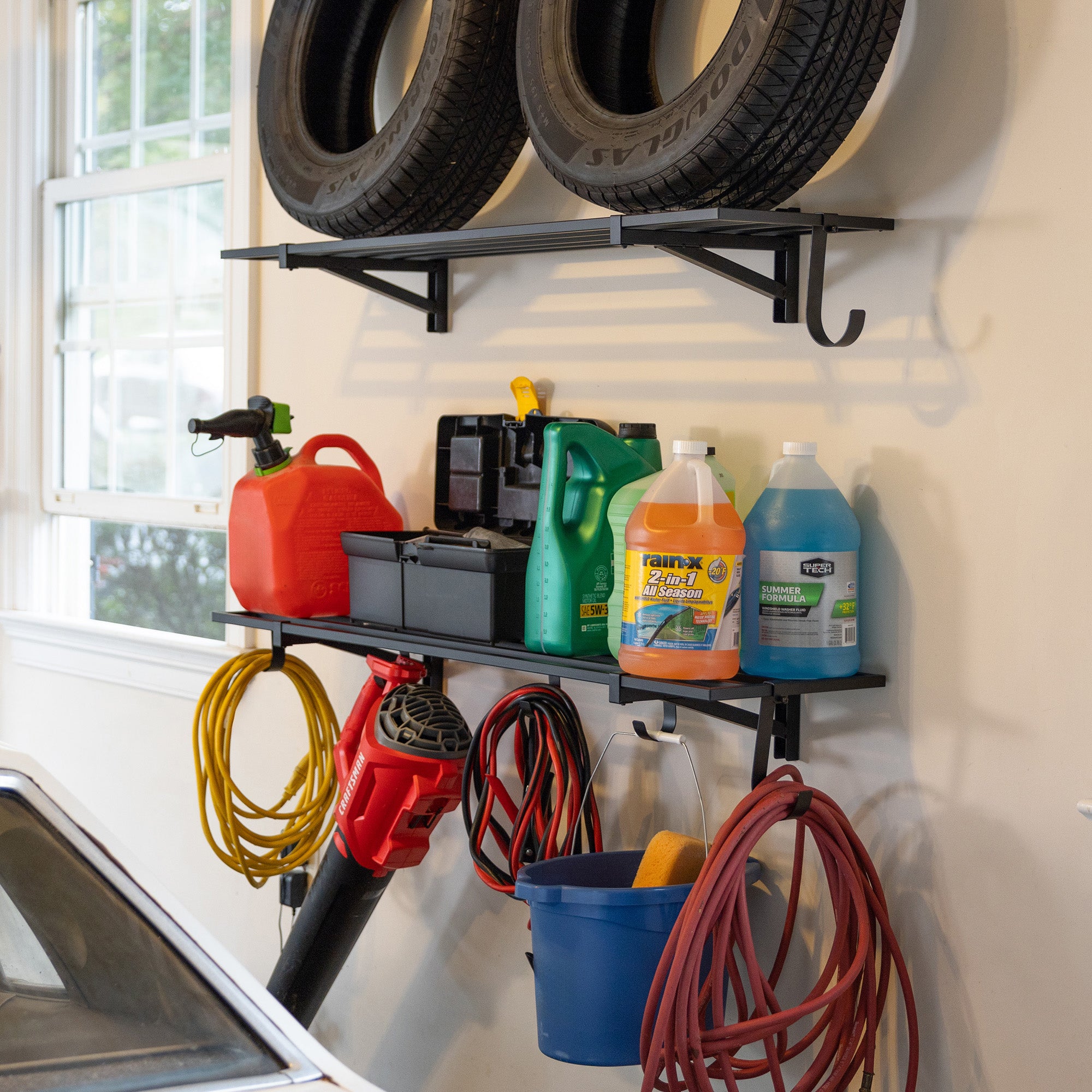 wall mounted garage shelves with hooks