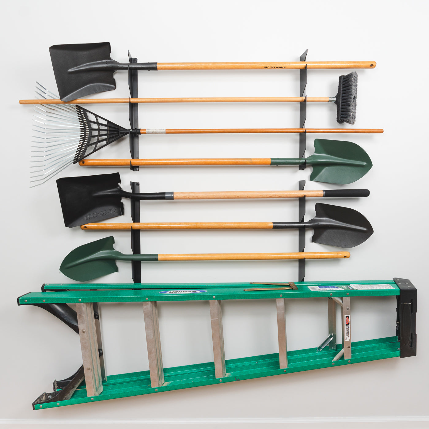 Shed Tool Organizer, Long-Handled Rake, Shovel, and Broom