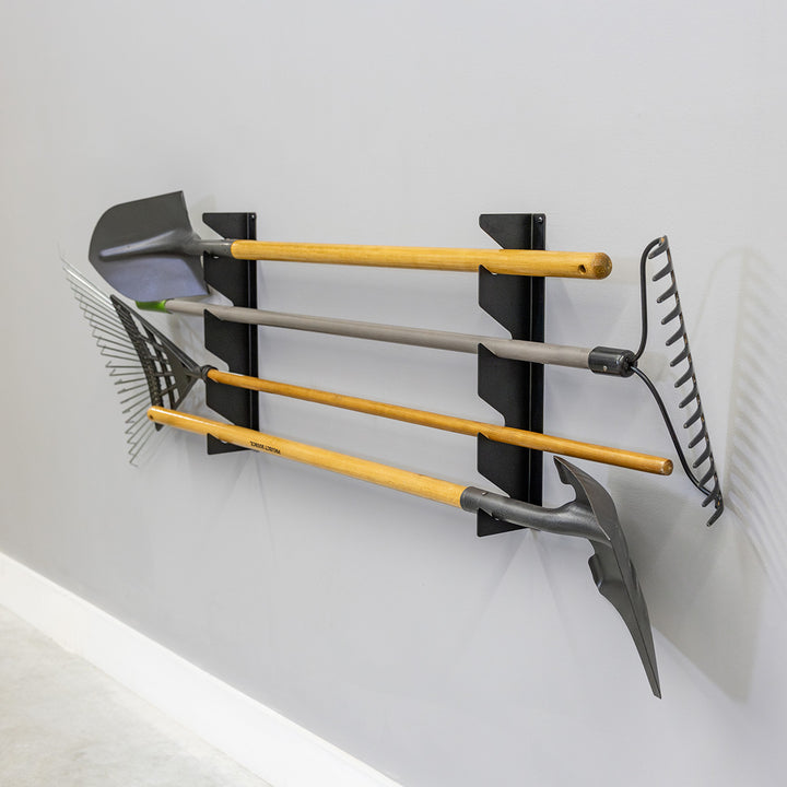 shed tool organizer for shovels, rakes, and other yard tools