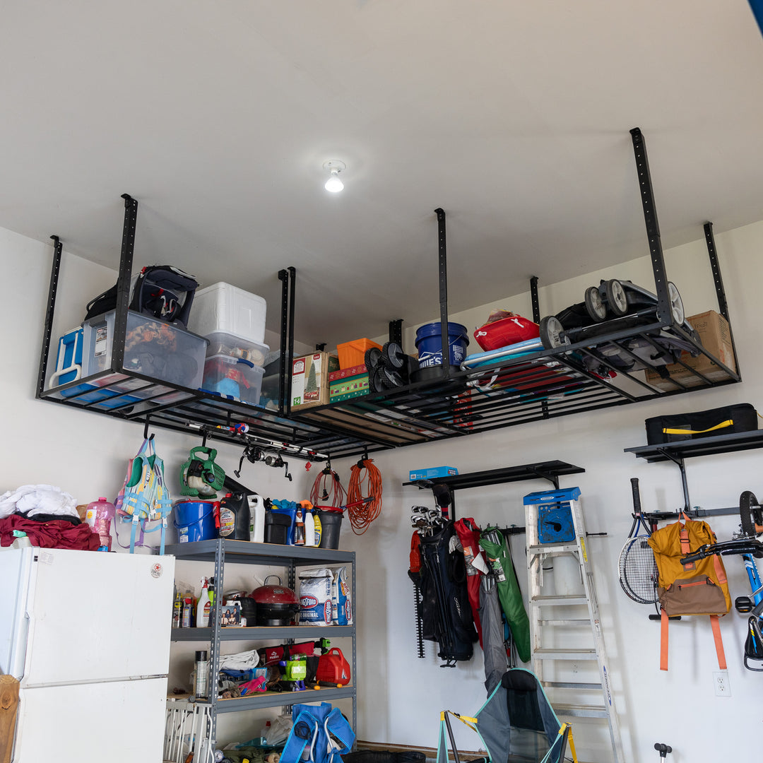 StoreYourBoard 3x8 Garage Storage Rack with Hooks, Ceiling Shelf Overhead Organization, Heavy Duty Steel Platform Holds 700 lbs, 96 x 36 x 40 Inches
