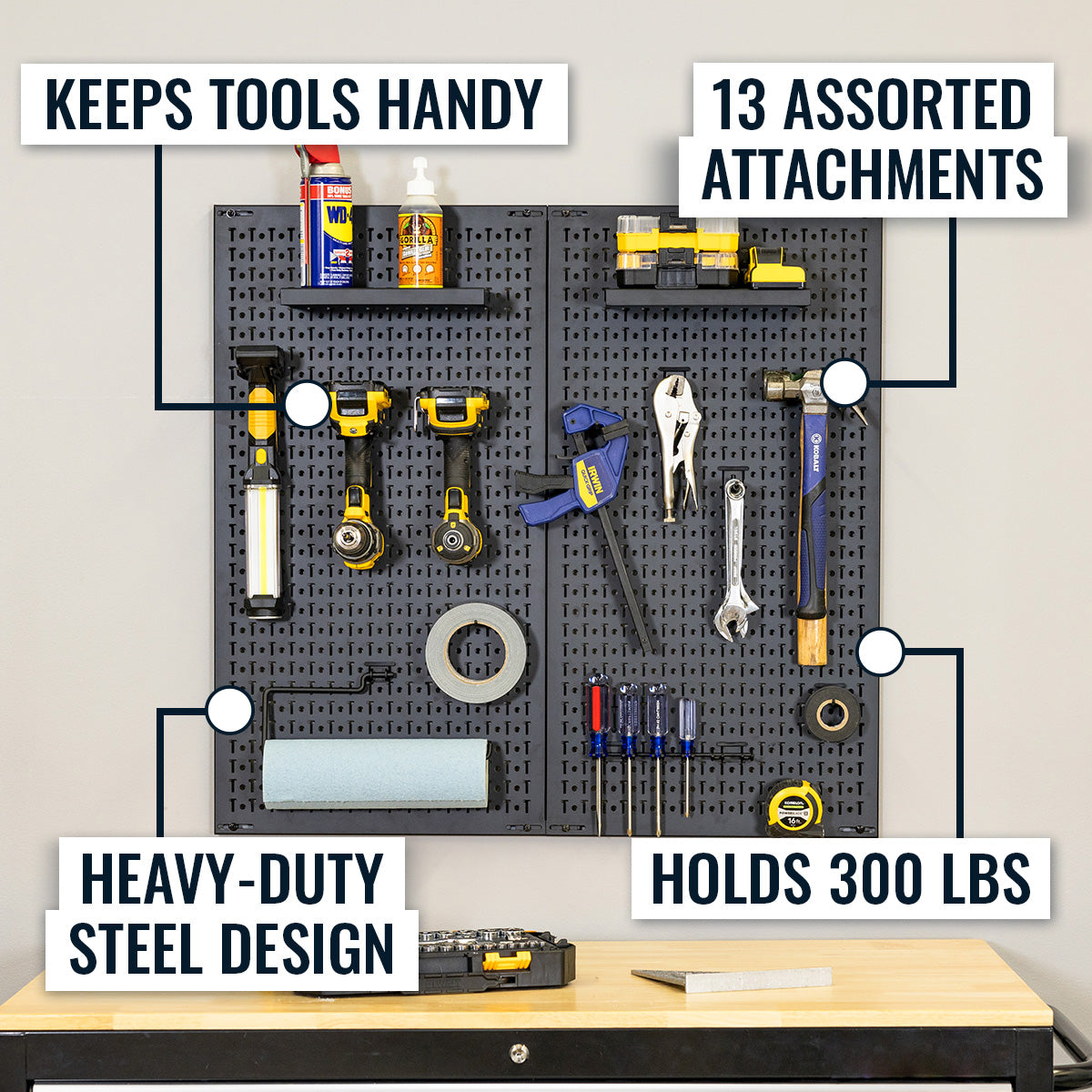 34" x 32" Pristine Pegboard | 13 Attachments