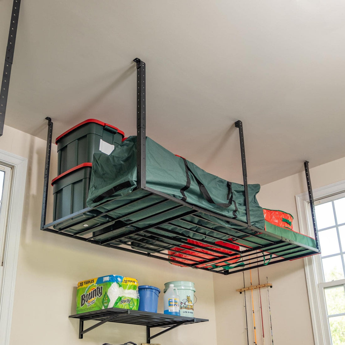 ceiling shelf for seasonal christmas storage