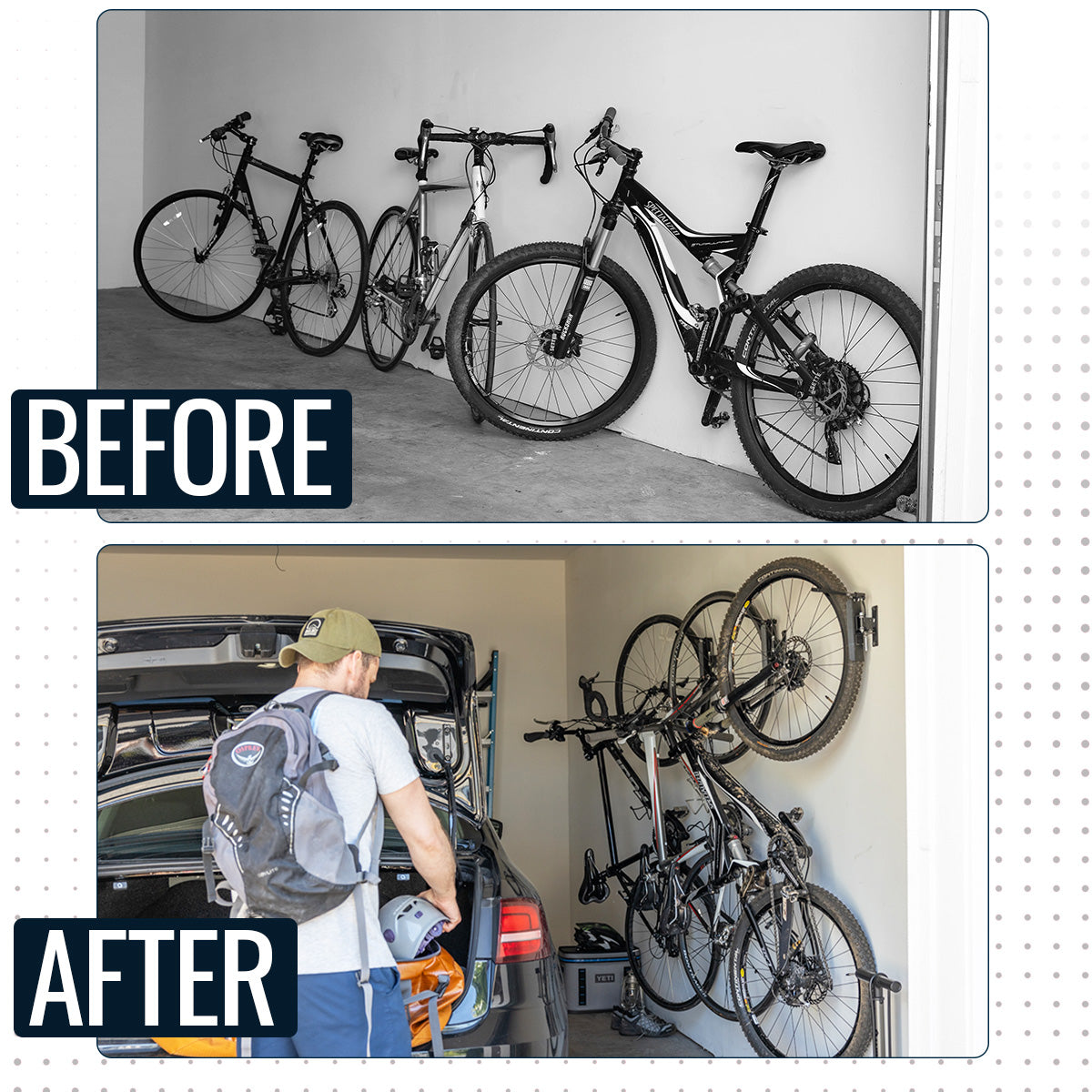 before and after swivel garage bike organization