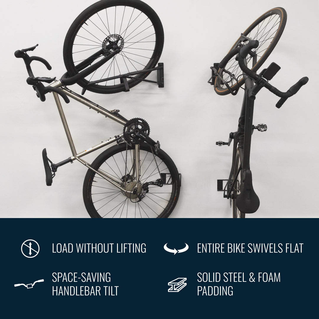 load without lifting, entire bike swivels flat, space-saving handlebar tilt, solid steel & foam padding