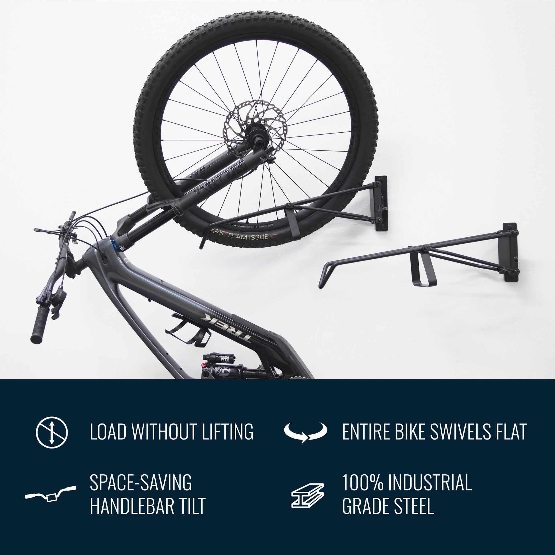 load without lifting, entire bike swivels flat, space-saving handlebar tilt, 100% industrial-grade steel