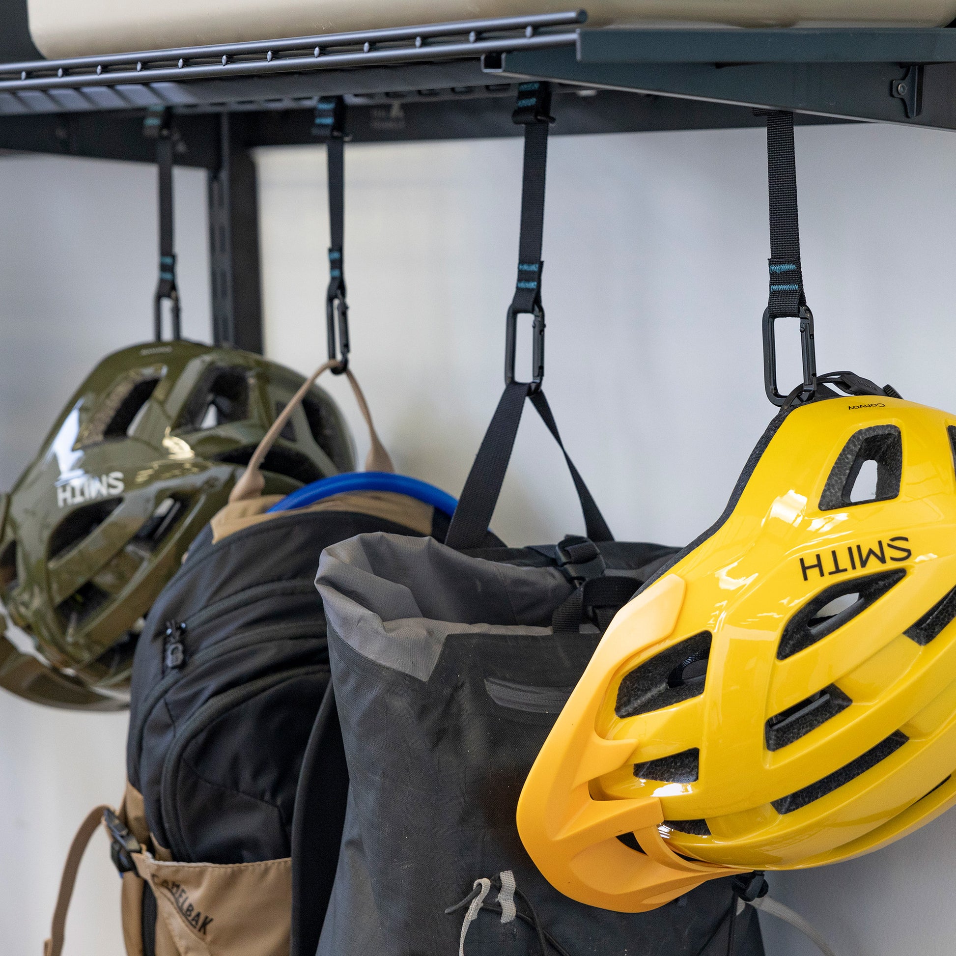 garage hanging storage for bags and helmets