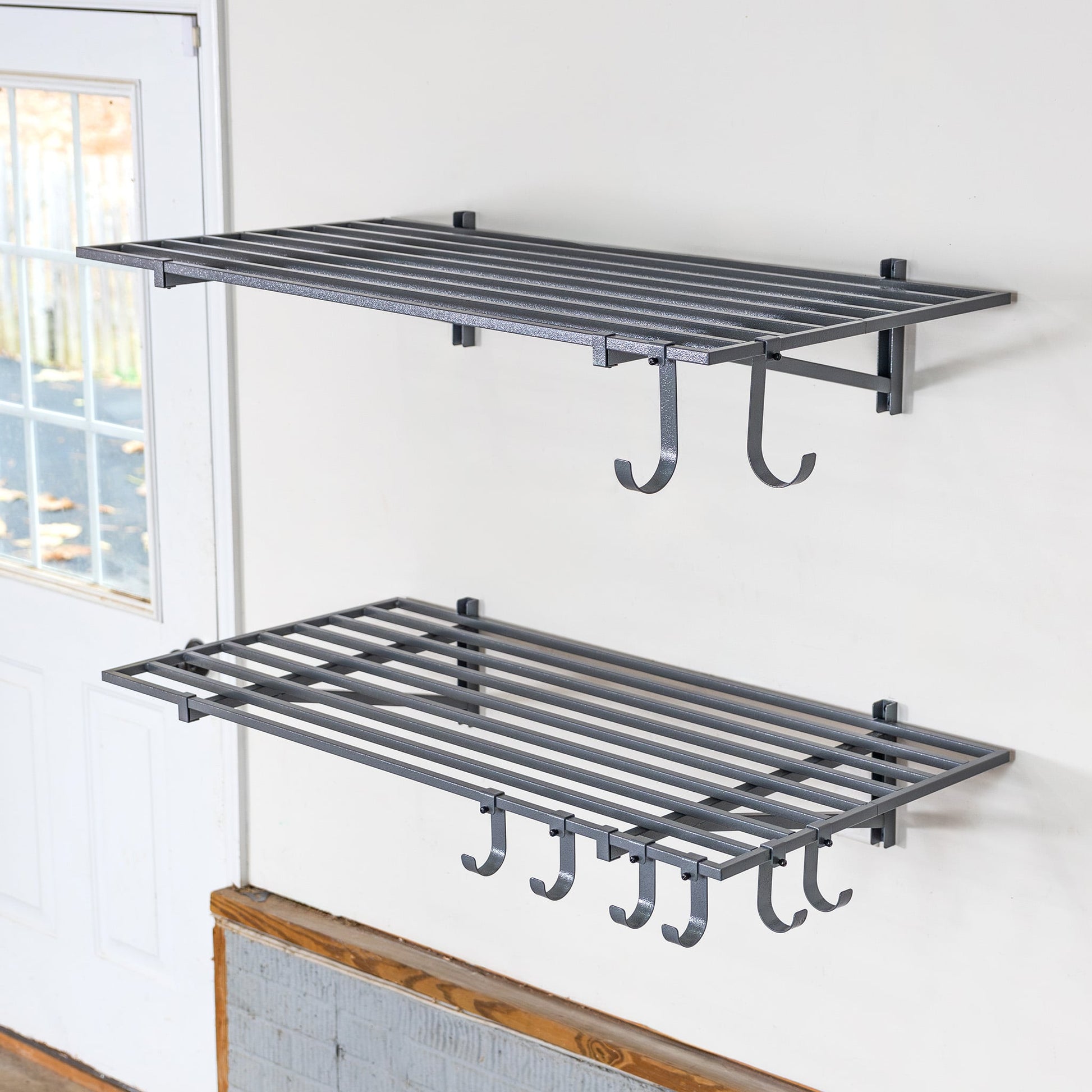 gray garage wall mounted shelves